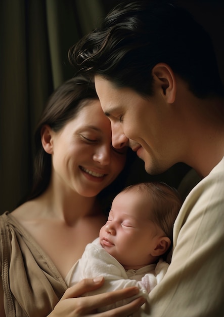 Retrato de madre y padre con un bebé recién nacido