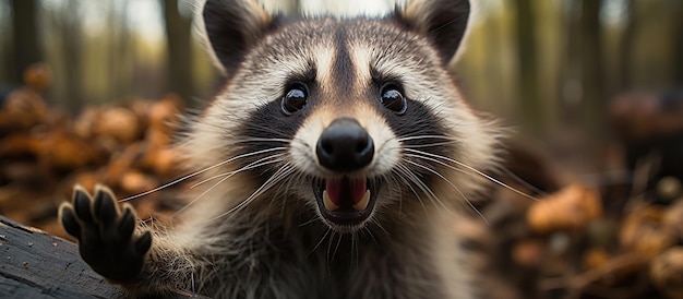 Retrato de un mapache en el bosque otoñal con hojas caídas