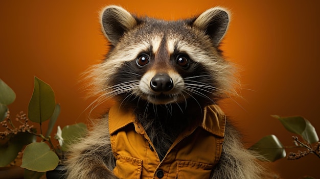 Foto gratuita retrato de un mapache en el bosque otoñal con hojas caídas