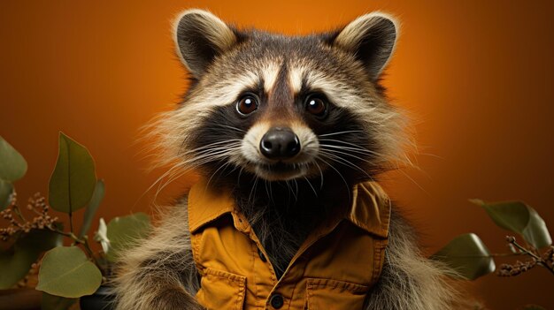 Retrato de un mapache en el bosque otoñal con hojas caídas