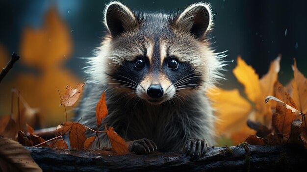 Retrato de un mapache en el bosque otoñal con hojas caídas