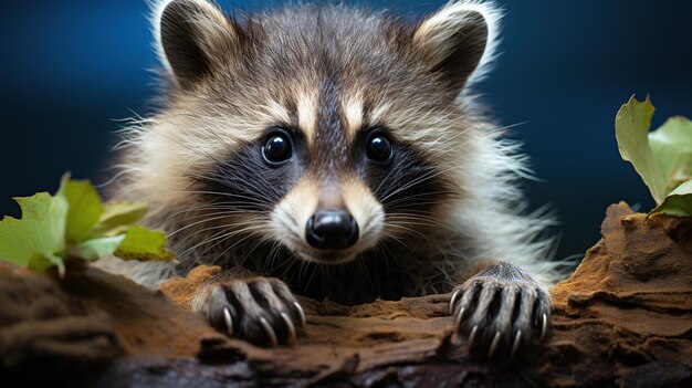 Retrato de un mapache en el bosque otoñal con hojas caídas