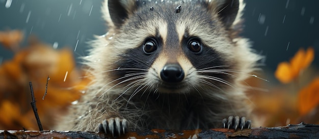 Retrato de un mapache en el bosque otoñal con hojas caídas