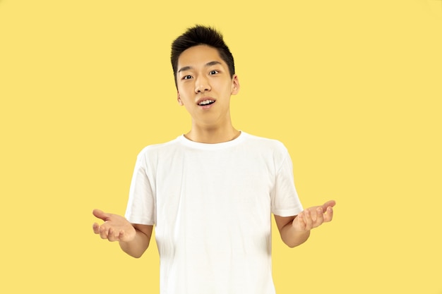 Retrato de medio cuerpo del joven coreano en la pared amarilla