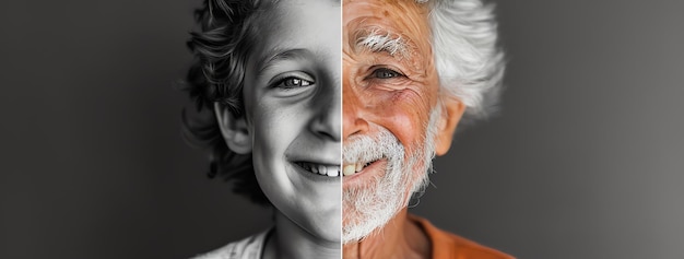 retrato del mismo hombre joven y viejo sonriendo generado por la IA