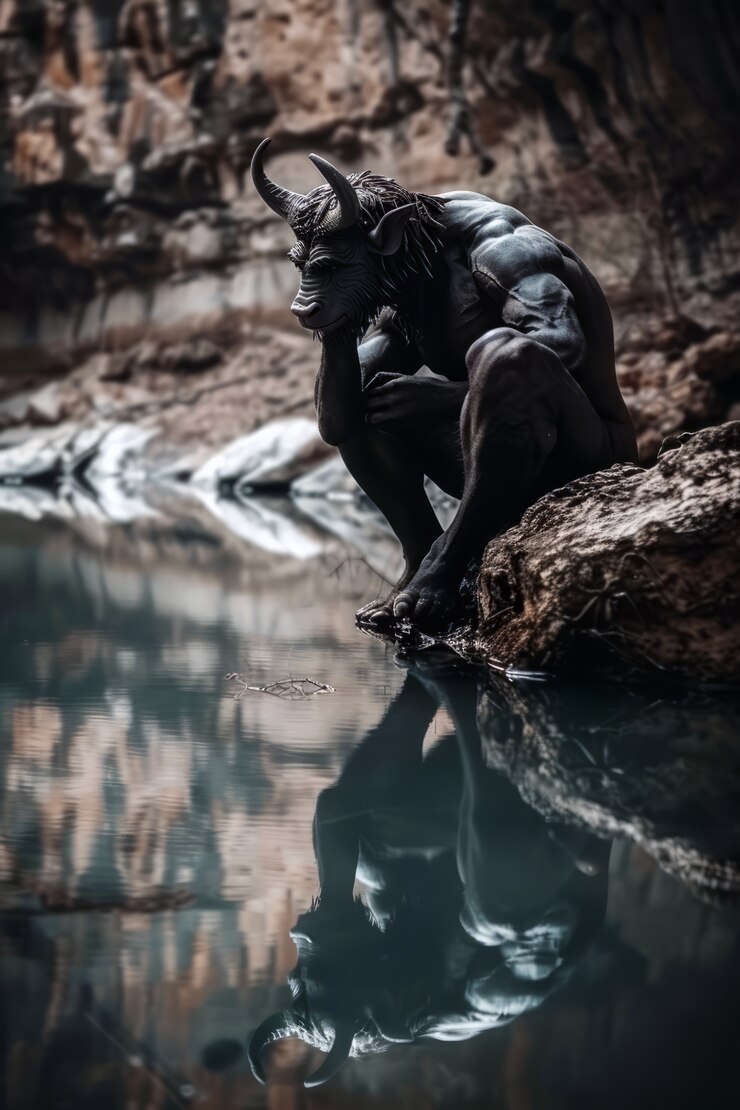 Retrato del mitológico minotauro cerca del lago