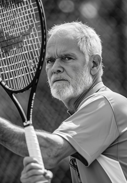 Retrato monocromático de un anciano jugando al tenis