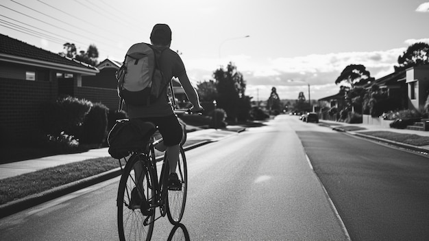 Foto gratuita retrato monocromático de un hombre en bicicleta