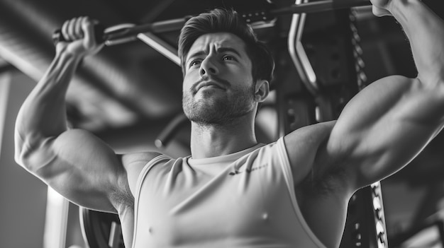 Foto gratuita retrato monocromático de un hombre haciendo ejercicio en el gimnasio
