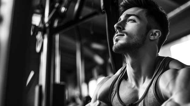 Foto gratuita retrato monocromático de un hombre haciendo ejercicio en el gimnasio