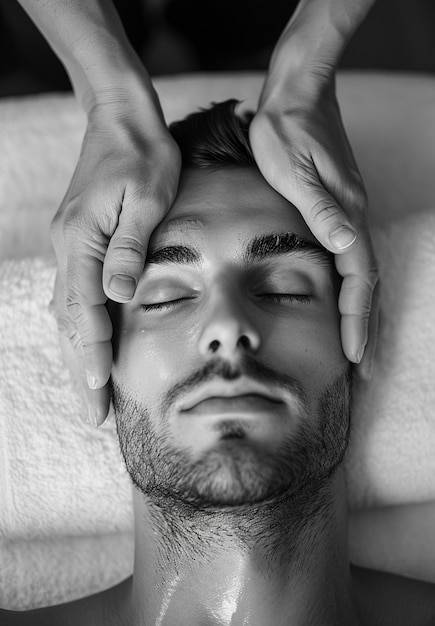 Retrato monocromático de un hombre recibiendo un masaje