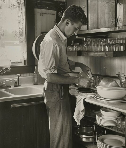 Retrato monocromático de un hombre retro haciendo tareas domésticas y tareas domésticas