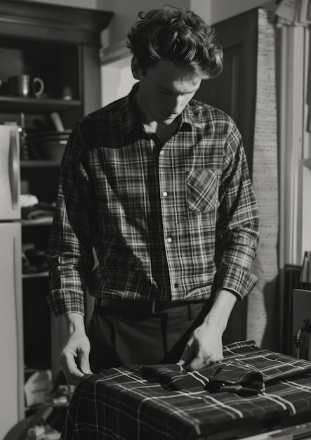 Foto gratuita retrato monocromático de un hombre retro haciendo tareas domésticas y tareas domésticas