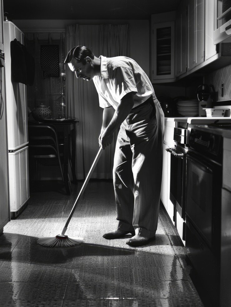 Foto gratuito retrato monocromático de un hombre retro haciendo tareas domésticas y tareas domésticas