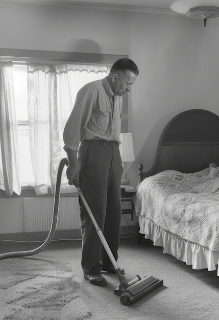 Retrato monocromático de un hombre retro haciendo tareas domésticas y tareas domésticas