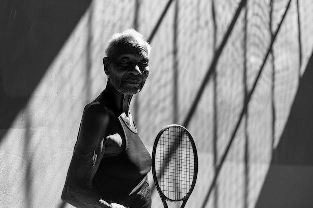 Foto gratuita retrato monocromático de un jugador de tenis profesional