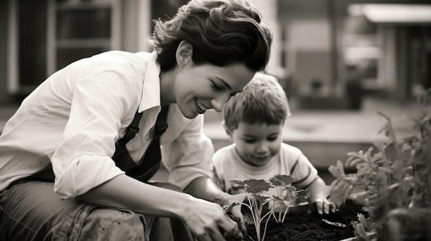 Foto gratuita retrato monocromático de madre e hijo en el jardín