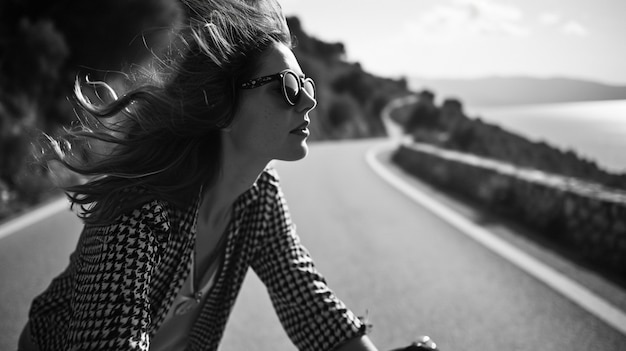 Retrato monocromático de una mujer en bicicleta