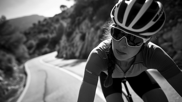 Foto gratuita retrato monocromático de una mujer en bicicleta