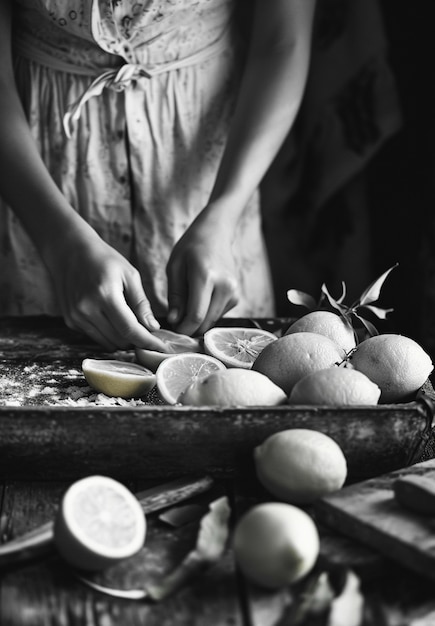 Foto gratuita retrato monocromático de una mujer cocinando