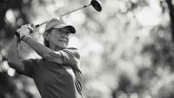 Foto gratuita retrato monocromático de una mujer jugando al golf