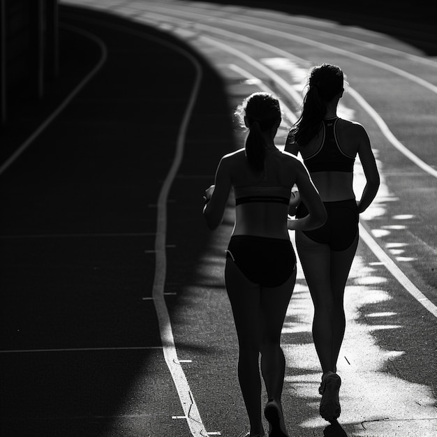 Foto gratuita retrato monocromático de mujeres corriendo en la pista