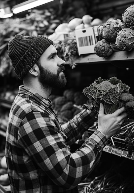 Foto gratuita retrato monocromático de una persona con productos frescos