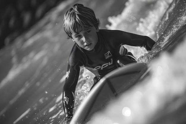 Foto gratuita retrato monocromático de una persona surfeando entre las olas