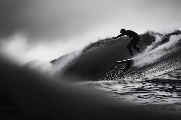 Foto gratuita retrato monocromático de una persona surfeando entre las olas