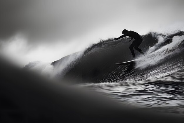 Retrato monocromático de una persona surfeando entre las olas