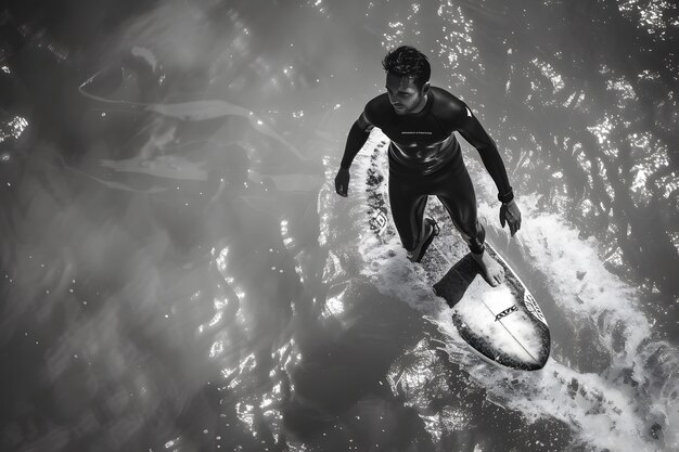 Foto gratuita retrato monocromático de una persona surfeando entre las olas