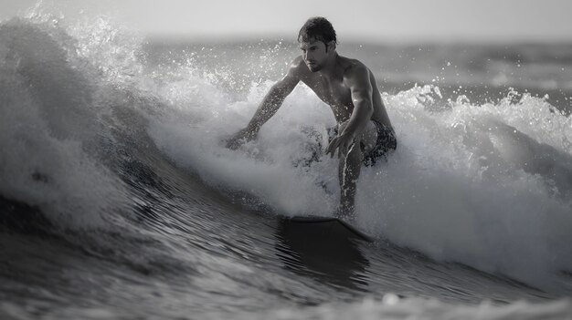 Retrato monocromático de una persona surfeando entre las olas