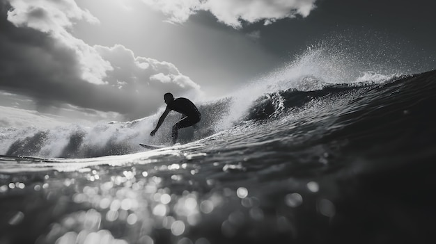 Foto gratuita retrato monocromático de una persona surfeando entre las olas