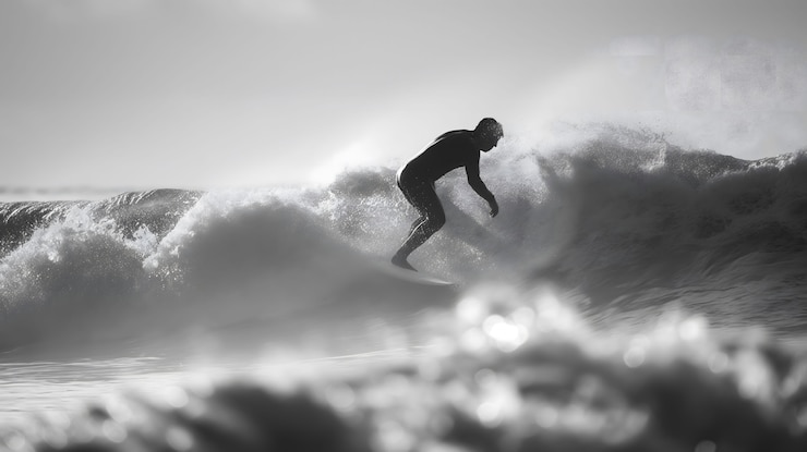 Foto gratuito retrato monocromático de una persona surfeando entre las olas