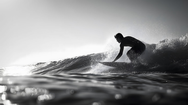Foto gratuito retrato monocromático de una persona surfeando entre las olas
