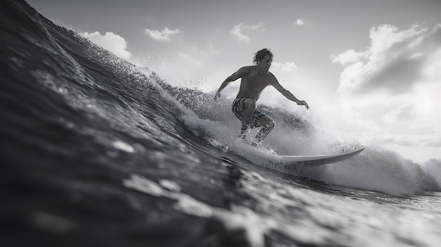Retrato monocromático de una persona surfeando entre las olas