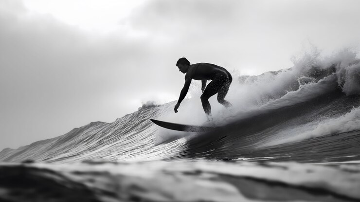 Foto gratuito retrato monocromático de una persona surfeando entre las olas