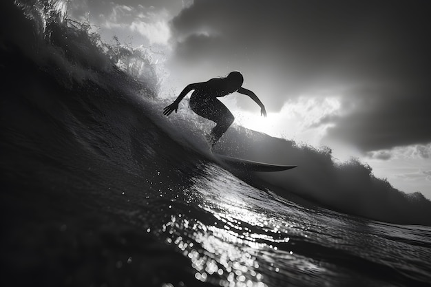 Foto gratuita retrato monocromático de una persona surfeando entre las olas