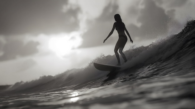 Foto gratuita retrato monocromático de una persona surfeando entre las olas