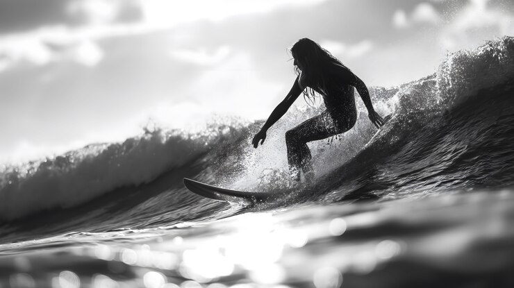 Foto gratuito retrato monocromático de una persona surfeando entre las olas