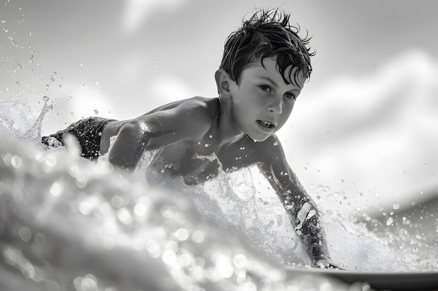 Foto gratuita retrato monocromático de una persona surfeando entre las olas