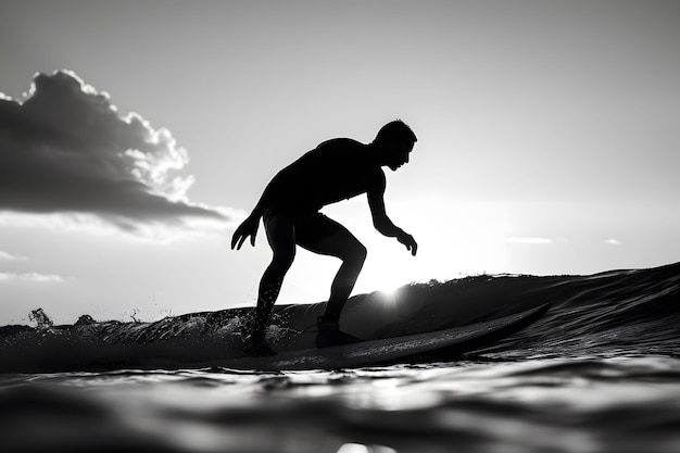 Foto gratuita retrato monocromático de una persona surfeando entre las olas