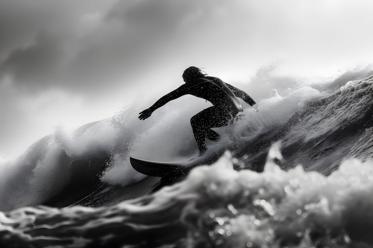 Foto gratuito retrato monocromático de una persona surfeando entre las olas