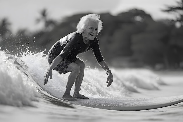 Retrato monocromático de una persona surfeando entre las olas