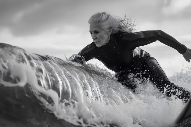 Retrato monocromático de una persona surfeando entre las olas