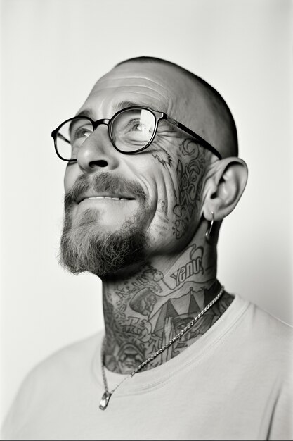 Retrato monocromo de hombre con tatuajes.