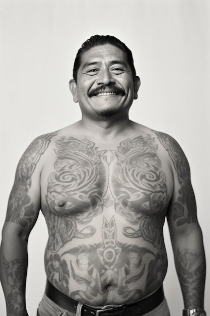 Foto gratuita retrato monocromo de hombre con tatuajes.