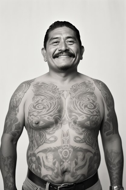 Retrato monocromo de hombre con tatuajes.