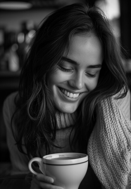 Retrato monocromo de una mujer bebiendo té de una taza