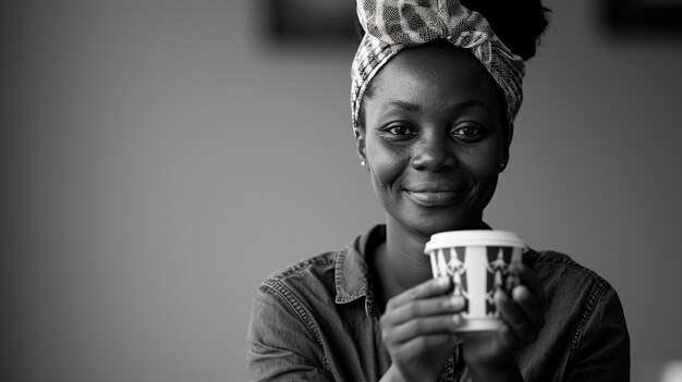 Retrato monocromo de una mujer bebiendo té de una taza